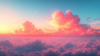 Fototapeta premium Serene sunset over fluffy clouds, creating a tranquil atmosphere.