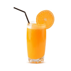 Realistic orange juice glass with orange slice isolated on white background