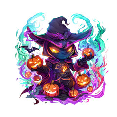 Fototapeta premium A cartoon wizard with a black hat and a purple robe, holding two jack-o-lanterns. Surrounded by purple and green smoke and jack-o-lanterns.