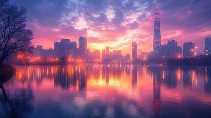 Naklejka premium Serene cityscape at sunset reflecting on calm water.