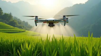 Aerial Drone Flying Over Lush Green Rice Fields at Sunrise