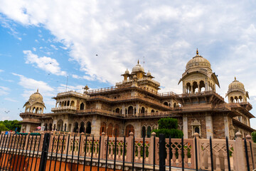 the Albert Hall Museum in Jaipur, India. Its intricate facade, adorned with domes, arches, and...