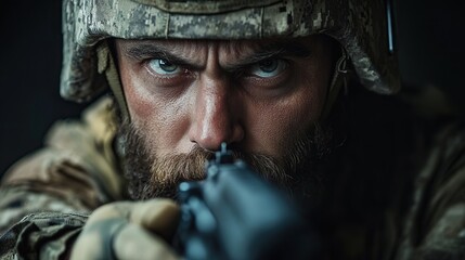 Obraz premium Close-up Portrait of a Soldier with Focused Gaze