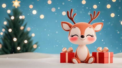 A cute cartoon deer smiles in the snow beside festive gifts, with a cheerful tree and twinkling lights in a winter wonderland scene.