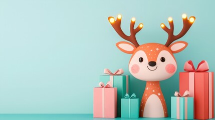 Naklejka premium A cute reindeer figurine is surrounded by colorful gift boxes against a bright blue background, creating a festive and cheerful atmosphere.