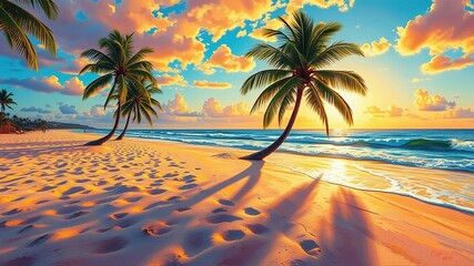 A vibrant beach scene unfolds at dawn, with sun-kissed sand, ocean swells, and lush palm trees swaying gently in the warm spring breeze.