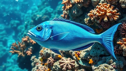 A vibrant blue fish of impressive size swims majestically through the crystal-clear waters of a coral reef, its scales shimmering in the sunlight.