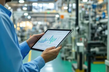 Factory worker using a tablet to monitor SPC control charts in real-time, quality control graphs visible