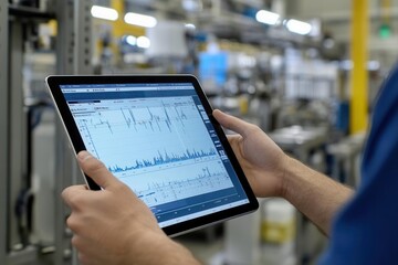 Factory worker using a tablet to monitor SPC control charts in real-time, quality control graphs visible