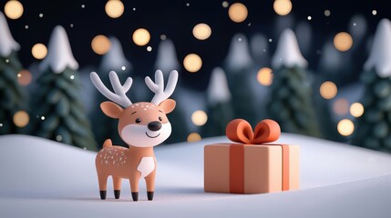 A charming, cartoon-style reindeer stands beside a gift on a snowy landscape, with blurred trees and soft lights in the background.