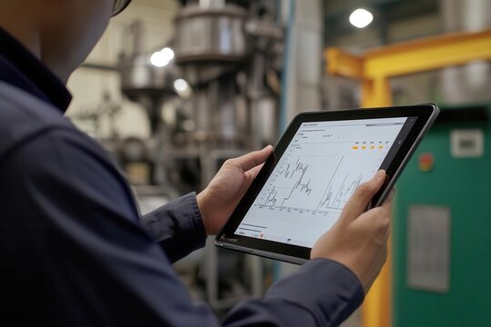 Factory worker using a tablet to monitor SPC control charts in real-time, quality control graphs visible