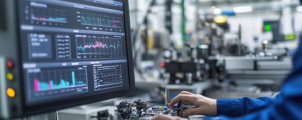 Worker using SPC software to track process variation on a production line, live data charts on a screen