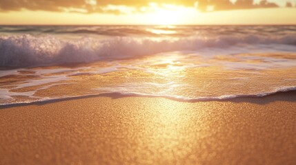 Fototapeta premium Golden sands under the evening sky, the sun setting on the horizon