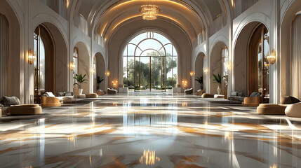 Fototapeta premium Grand Lobby Design: Arched Windows, Marble Floors, and Elegant Seating