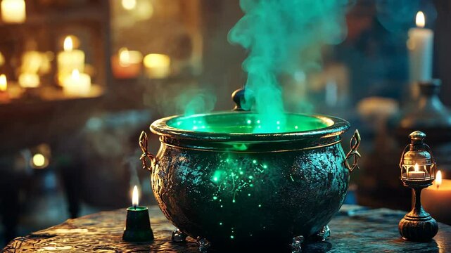 A cauldron of bubbling green liquid sits on a wooden table, surrounded by flickering candles
