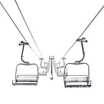 Empty ski lift chairs suspended against a clear background, ready for skiers and snowboarders in a snowy mountain resort.