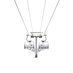 High-angle view of an empty ski lift chair on a cable against a clear sky, unique perspective on mountain sports transportation.
