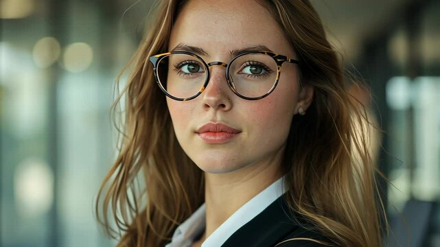 A young woman wearing round glasses looks directly at the camera