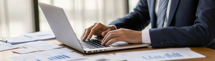 Procurement manager checking vendor performance metrics on a laptop, contracts and reports spread on the table