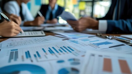 Realistic scene of procurement professionals analyzing supplier bids in a meeting, spreadsheets and documents spread out