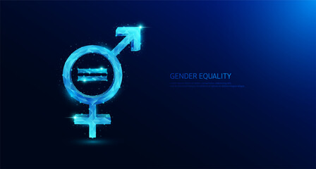 Gender symbols male and female. Polygon glowing blue. Gender equality concept. Banner vector illustration.