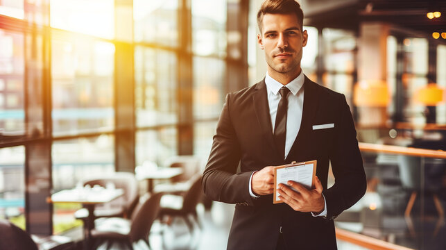 Confident businessman in modern office holding notepad with financial tips, exuding success and prosperity in professional environment.