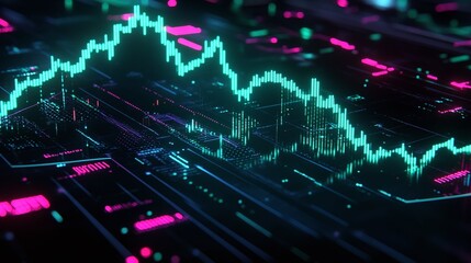Obraz premium A vibrant digital data visualization with neon blue and pink lines representing market trends and analytics.