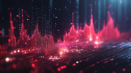 A vibrant digital landscape featuring red sound waves and glowing data pulses on a dark background.