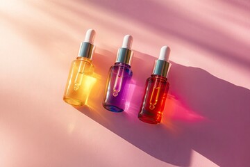 Top view of four glass serum dropper bottles with vibrant liquid colors on a soft pink surface, symbolizing skincare beauty routines. generative ai