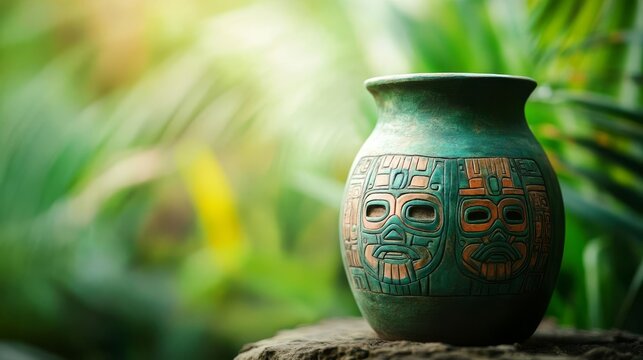 Ancient jar with Aztec warrior mask designs, in an overgrown jungle ruin
