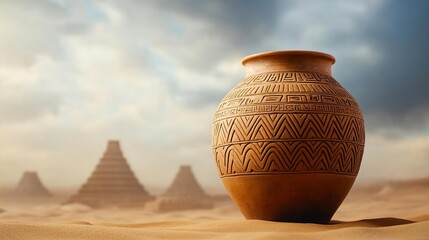 Ancient jar with Babylonian ziggurat motifs, surrounded by sandstorms, ancient ruins