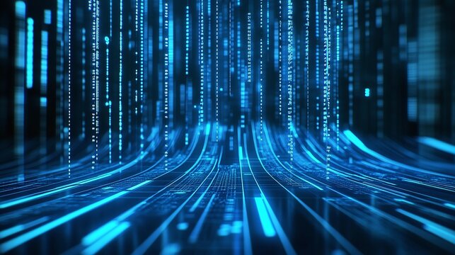 Abstract blue digital background with glowing lines and binary code, creating a futuristic and high-tech atmosphere.