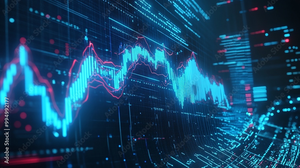 Poster abstract data visualization, dynamic graph with digital matrix background.
