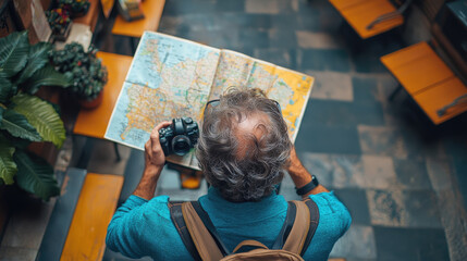 Traveler Using a Map and Camera for Navigation in an Outdoor Cafe Setting