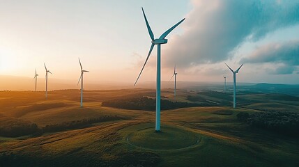 Wind Turbines in a Field at Sunset