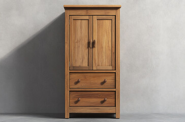 wooden bathroom cabinet standing on the grey floor against a light gray wall