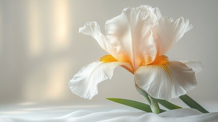 A delicate white iris flower with orange accents on a soft background.