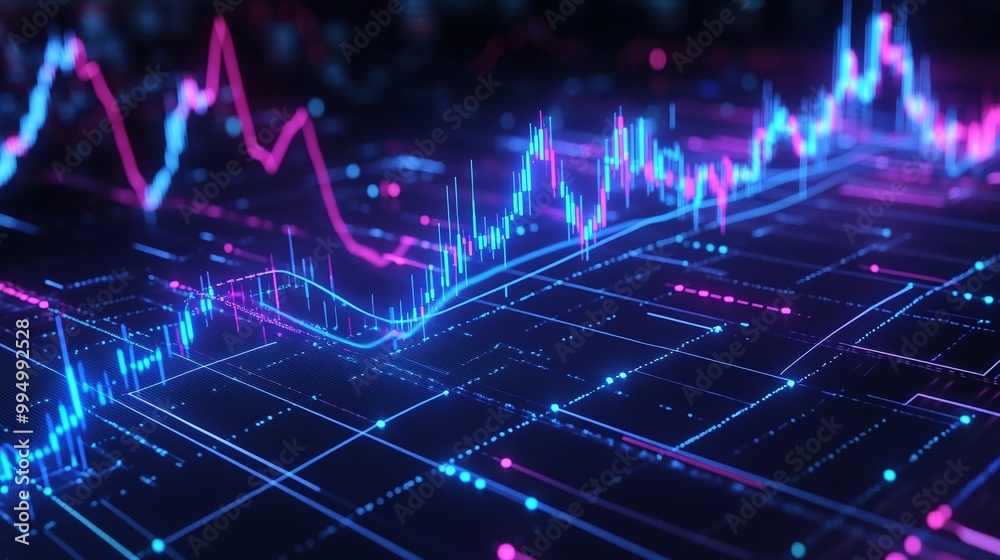 Poster abstract data visualization on a digital screen with colorful graphs and statistics, illustrating fi