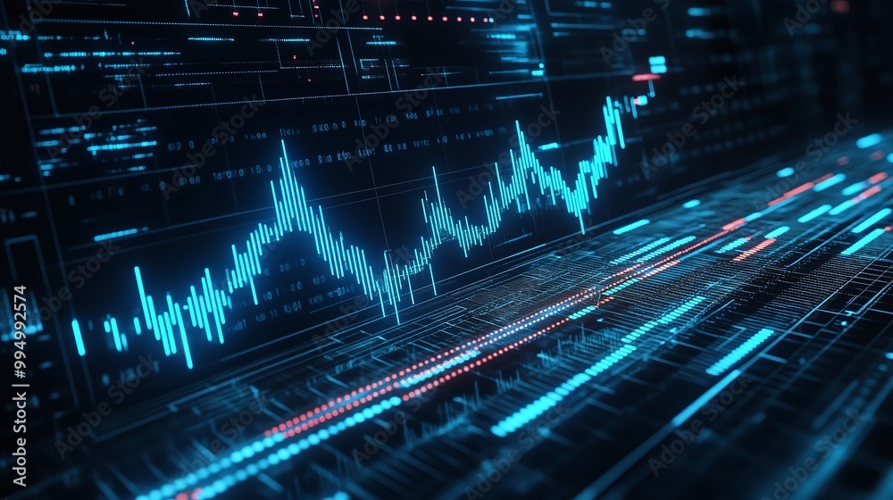 Poster abstract data visualization showing stock market trends with glowing graph lines and grid patterns i