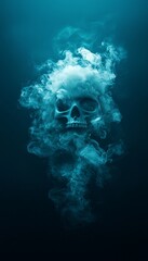 Fototapeta premium Eerie underwater scene featuring a skull surrounded by swirling smoke, creating a haunting and mysterious atmosphere.