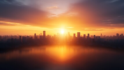 Stunning city skyline at sunset, with vibrant colors reflecting on the water, creating a serene urban atmosphere.