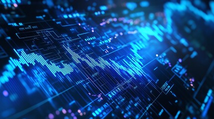 Abstract data visualization with blue glowing lines and graphs on a dark background, representing modern technology and analytics.