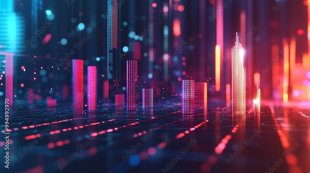 Poster abstract data visualization with colorful bars and glowing lines representing growth and analysis.