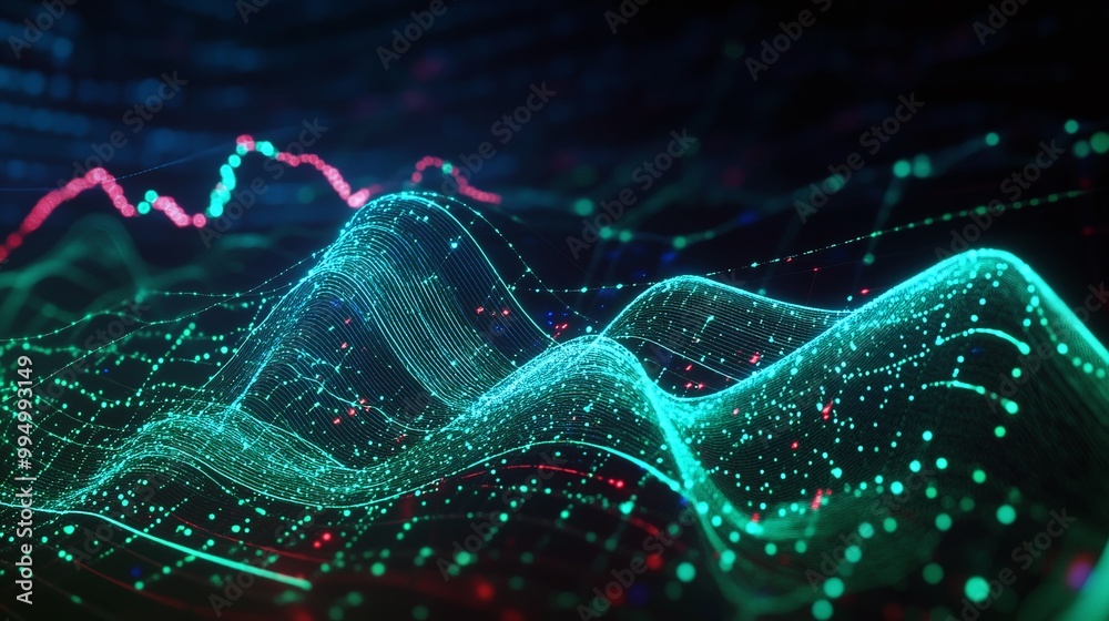 Poster abstract data visualization with colorful graphs and digital elements on a dark background.