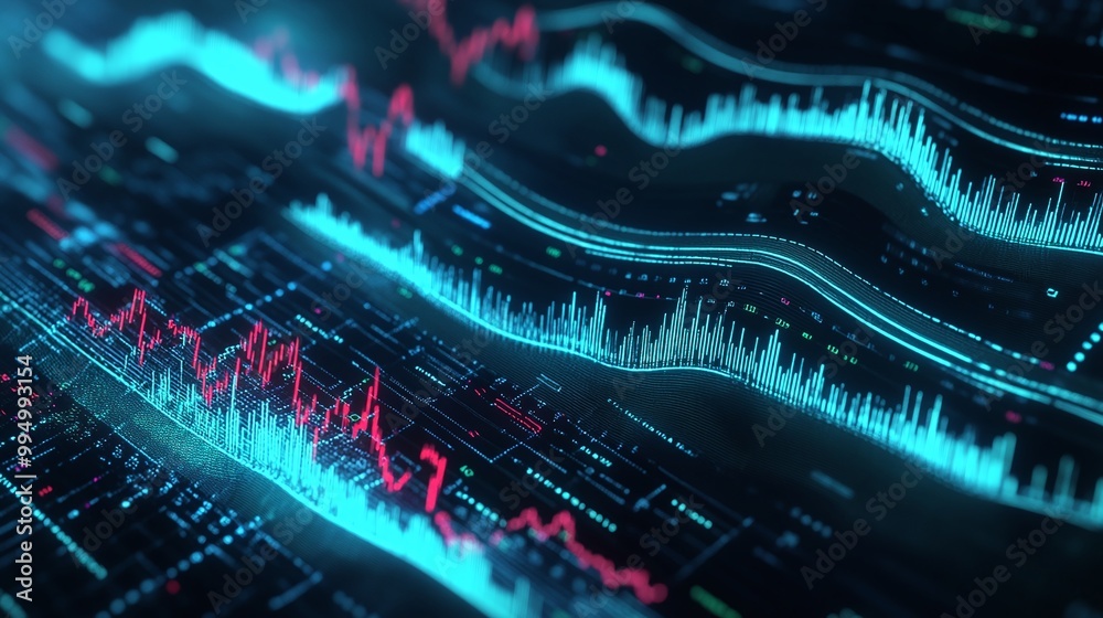 Poster abstract data visualization with colorful graphs and charts representing growth and fluctuations in 