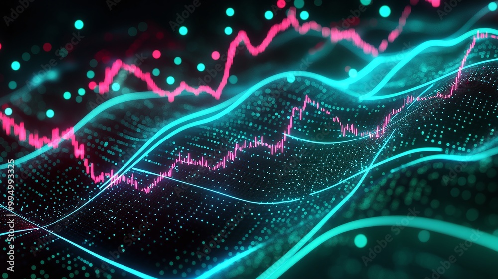 Poster abstract data visualization with colorful graphs and wave patterns representing statistical trends a