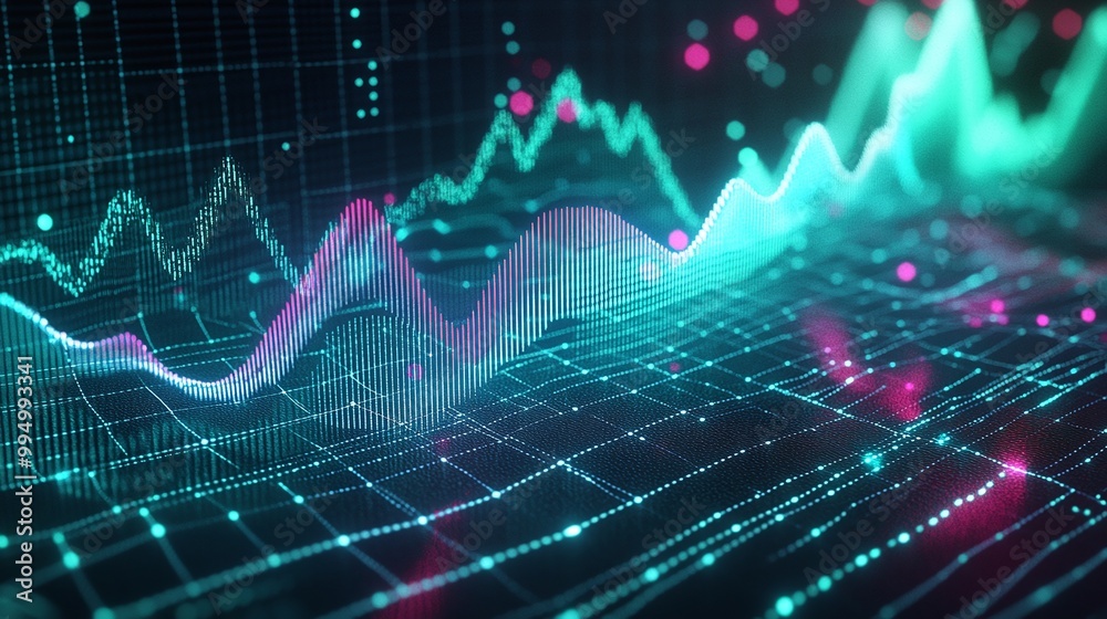 Poster abstract data visualization with colorful graphs and digital patterns depicting growth and analysis.