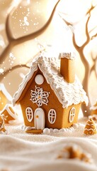 A cozy gingerbread house adorned with white icing, surrounded by a winter wonderland of snowflakes and festive decorations.