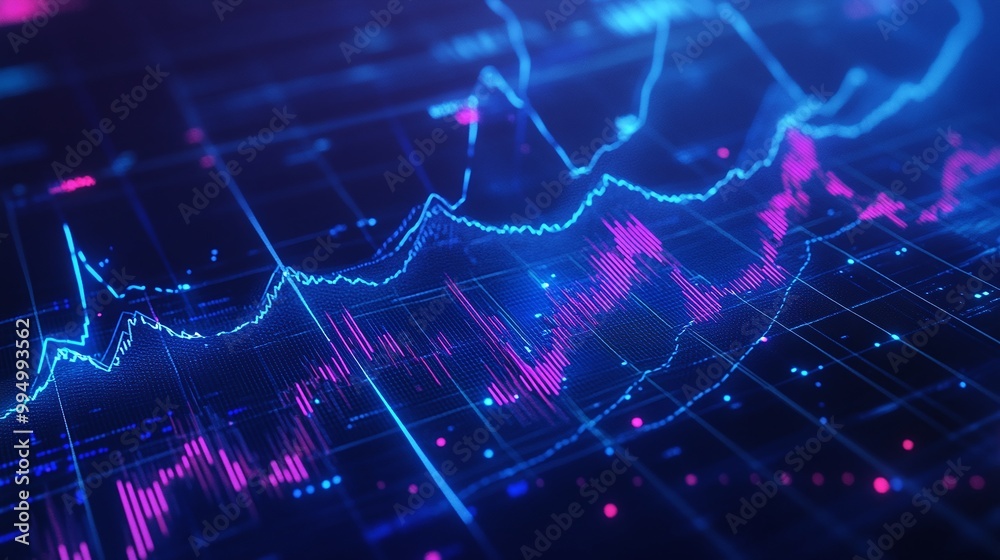 Poster abstract data visualization with dynamic graphs and glowing lines on a dark background.
