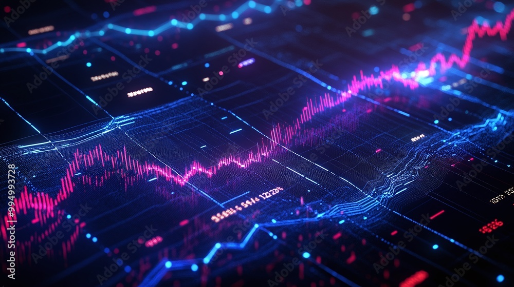 Poster abstract data visualization with flowing graphs and digital patterns, showcasing financial trends an